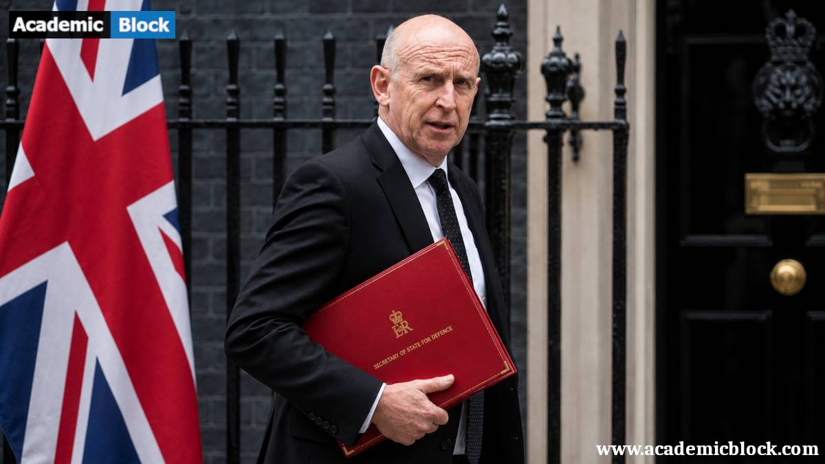 Image shows Defence Secretary John Healey carries a red government folder outside a government building.