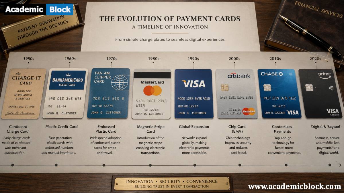 A timeline of payment card evolution, from early charge cards to modern contactless and digital cards.