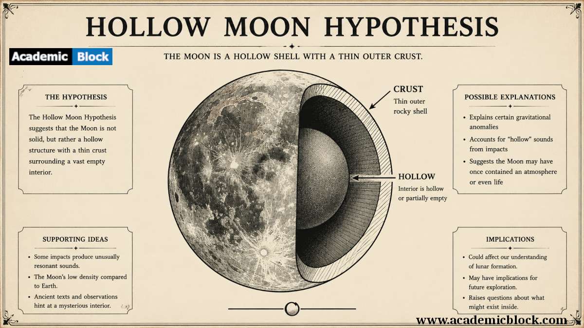 Infographic image of the Hollow Moon Hypothesis, featuring a cutaway view of the Moon with a hollow interior and labeled structural layers.