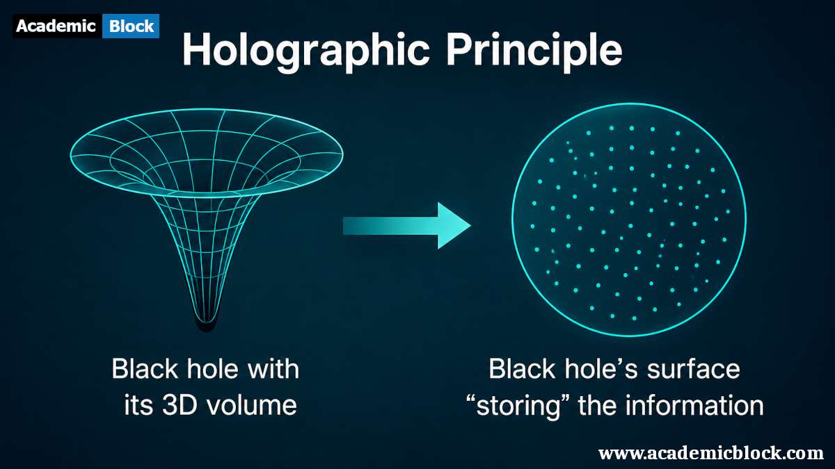 Infographic illustrating the holographic principle with a black hole funnel and an information-storing surface.