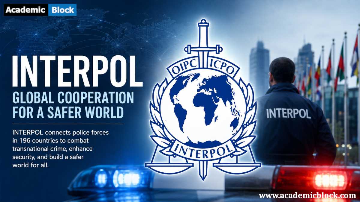 INTERPOL themed news graphic featuring the INTERPOL logo, a global network map.