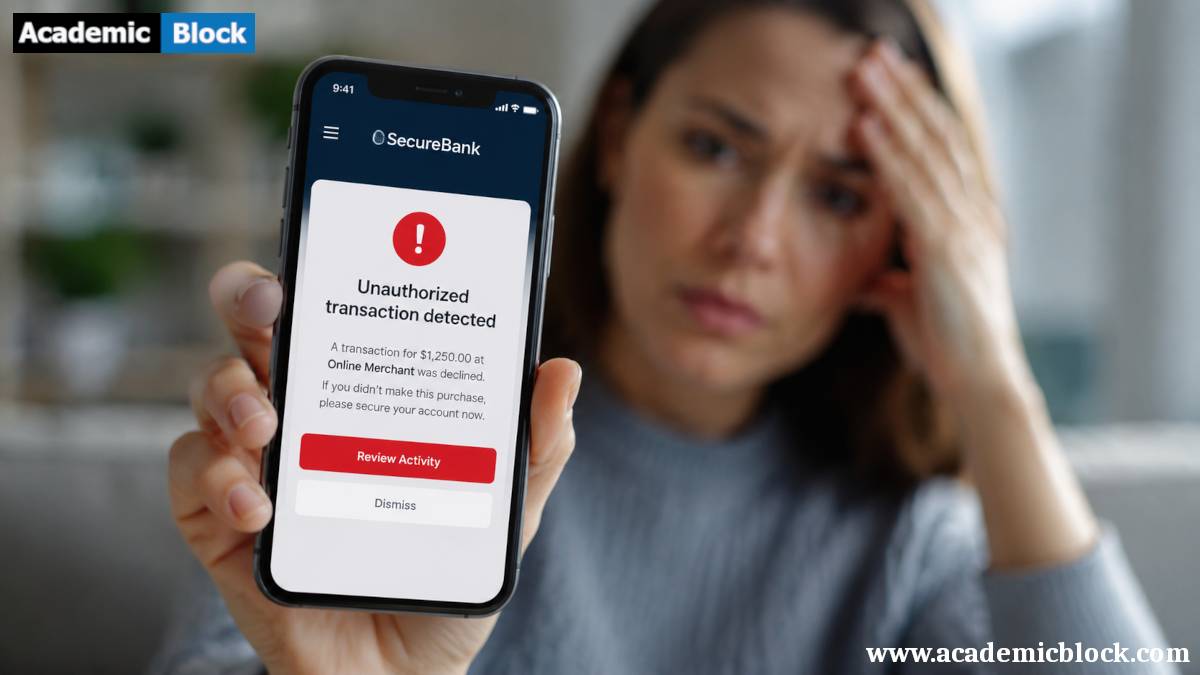 A close-up of a smartphone showing a banking app alert for an unauthorized transaction, held by a concerned person.