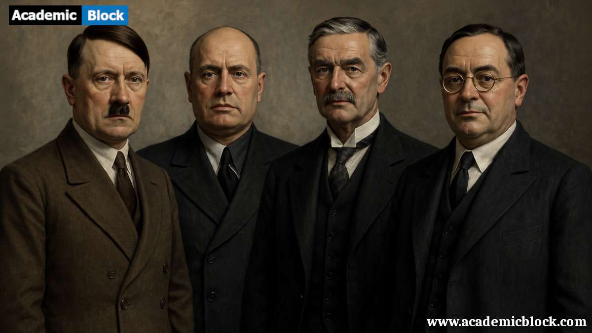 The image shows Adolf Hitler, Benito Mussolini, and Neville Chamberlain, key figures in Nazi foreign policy. It highlights the fascist ideologies and political dynamics of the time.