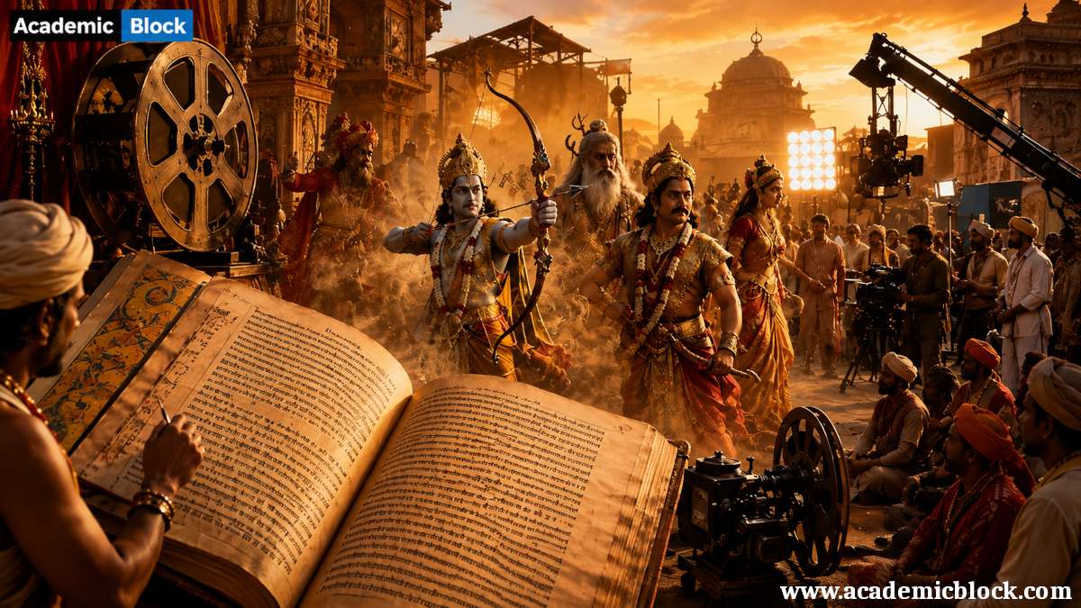 Epic film set where Indian folklore heroes emerge from an ancient manuscript, blending mythological storytelling with cinematic production under golden sunset light.