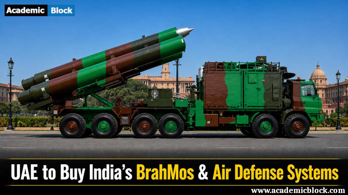 Image showing an Indian military missile launcher vehicle carrying BrahMos missiles on a ceremonial boulevard, and a bold headline at the bottom announcing the UAE's planned purchase of India's BrahMos and air defense systems.