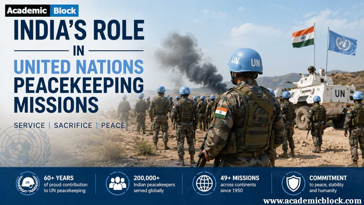 Banner depicting Indian UN peacekeepers in a mission area, highlighting India's contribution to United Nations peacekeeping missions.