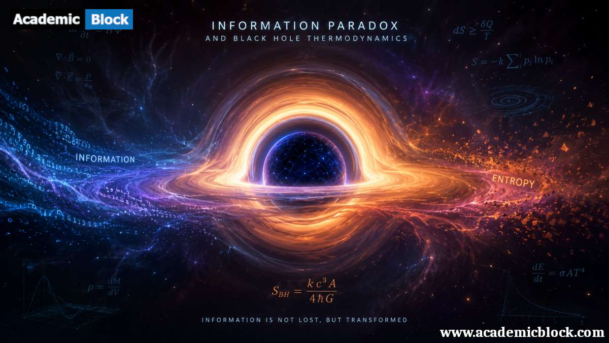 A glowing black hole illustrating the Information Paradox with swirling energy, Hawking radiation, and cosmic thermodynamics.