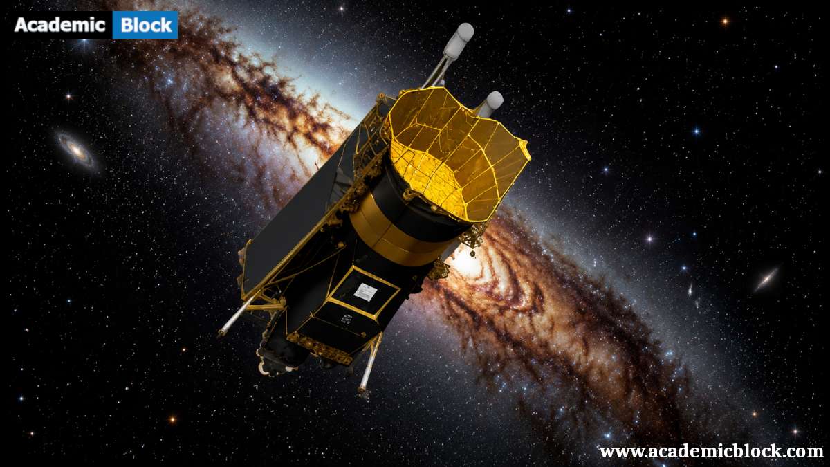 Infrared Telescopes with a gold segmented mirror drifting in deep space, set against a bright spiral galaxy and star-filled background.