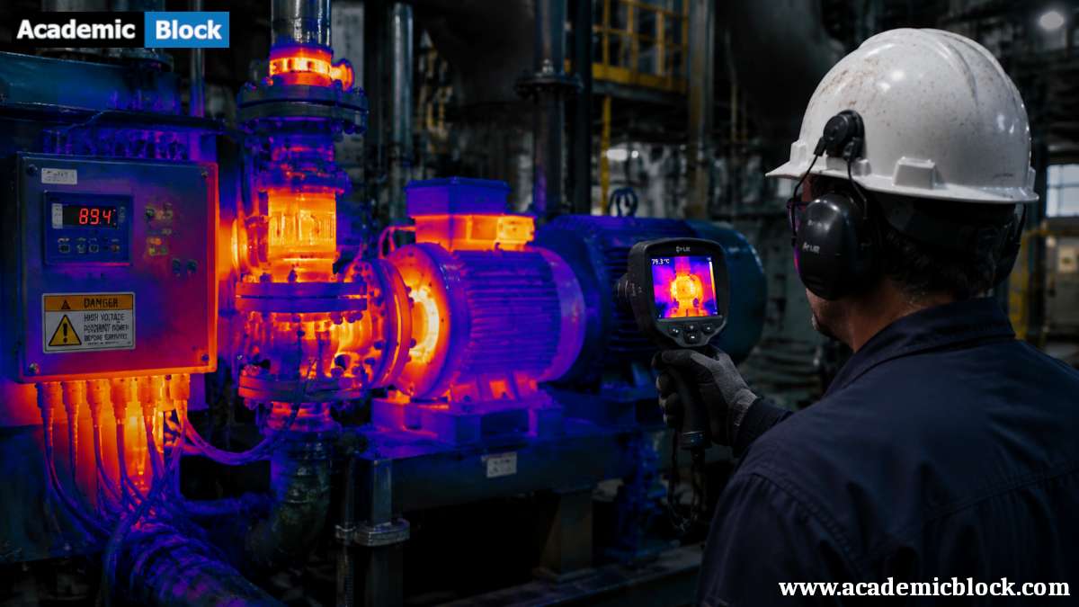 A technician inspects industrial machinery using a thermal imaging camera, revealing colorful heat signatures across motors, pipes, and electrical components inside a factory.
