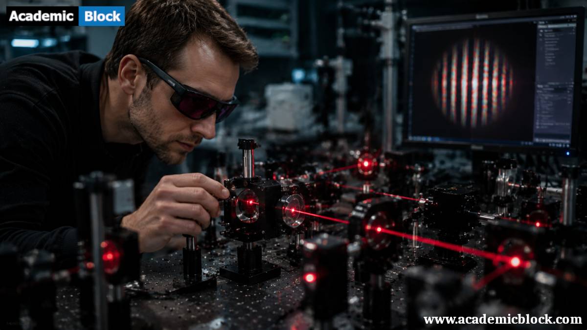 A scientist uses laser-based interferometry to study light interference patterns with high precision.