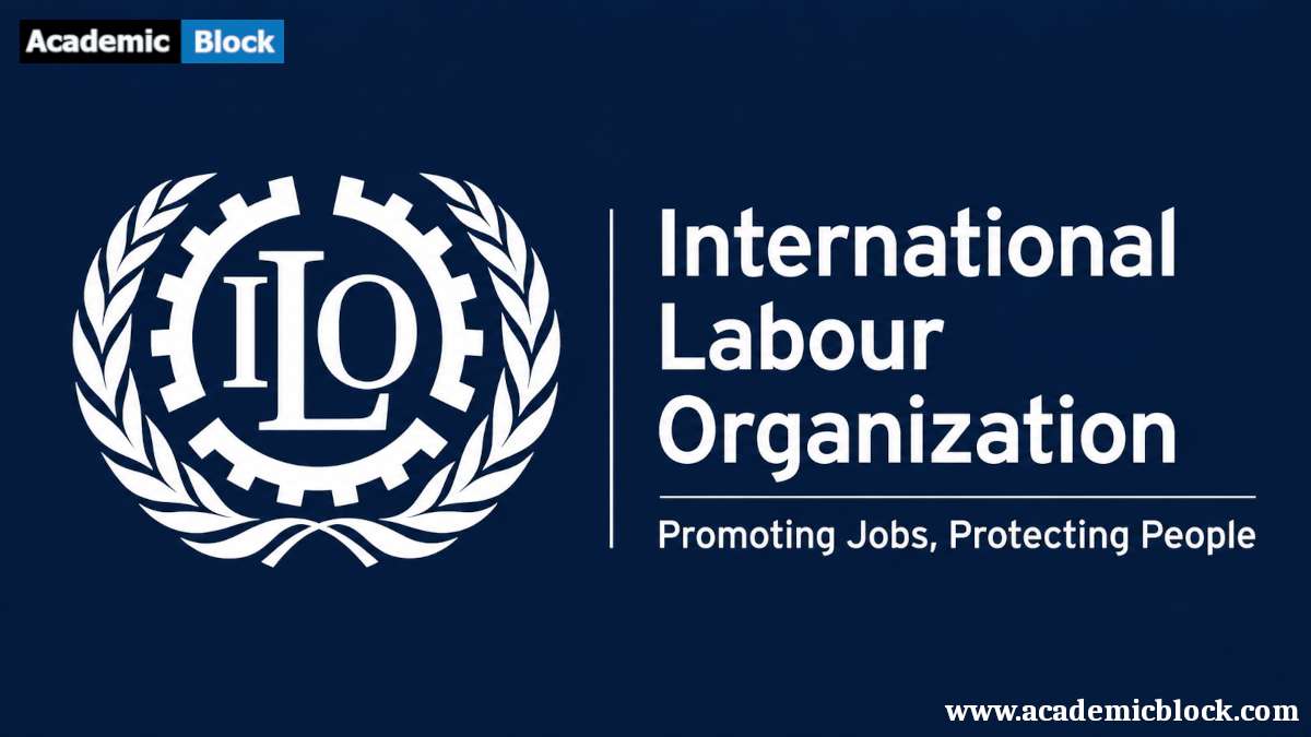 Image shows the logo of International Labour Organization with it's tagline.