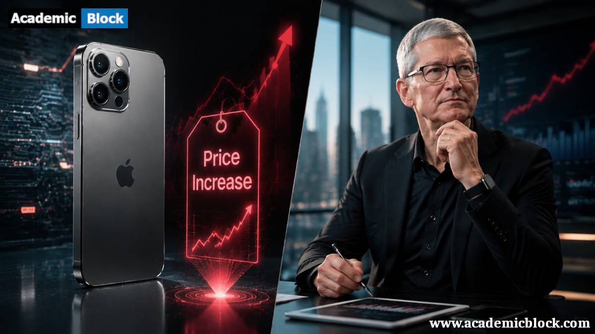 Split image showing a modern iPhone on the left with a rising price hologram, and a tech CEO resembling Tim Cook on the right analyzing financial charts.