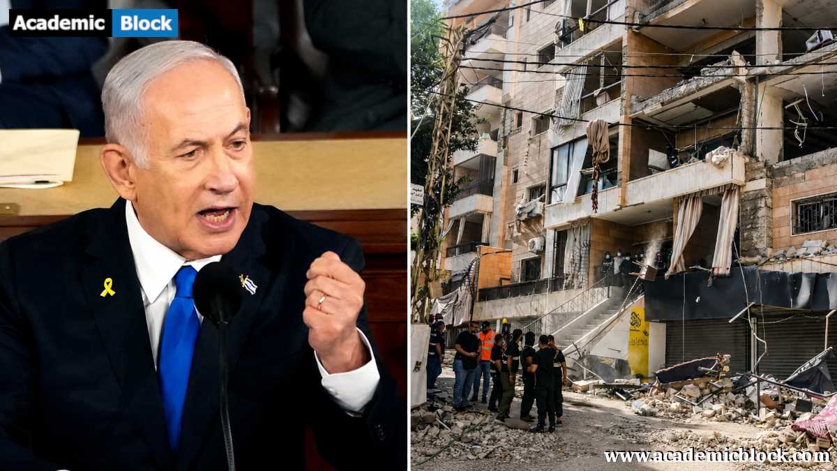 Image showing Benjamin Netanyahu speaking at a podium on the left and a heavily damaged residential building with rubble and emergency responders on the right.