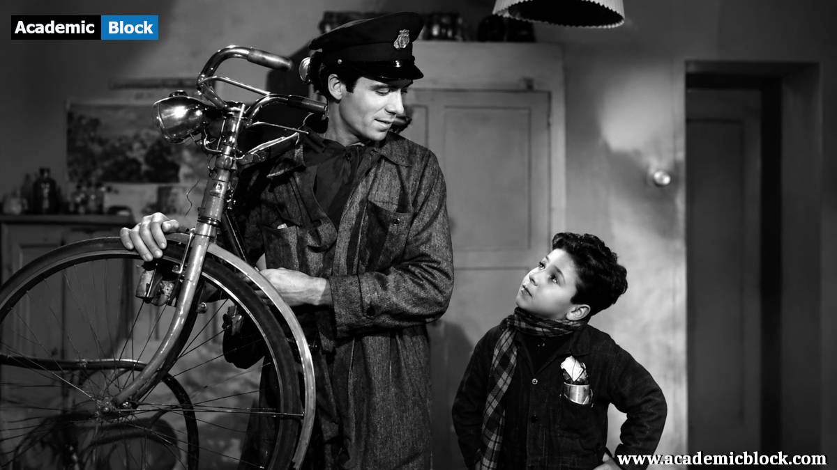 A candid Italian Neorealist-style scene showing a uniformed bicycle messenger engaging with a young boy in a modest.