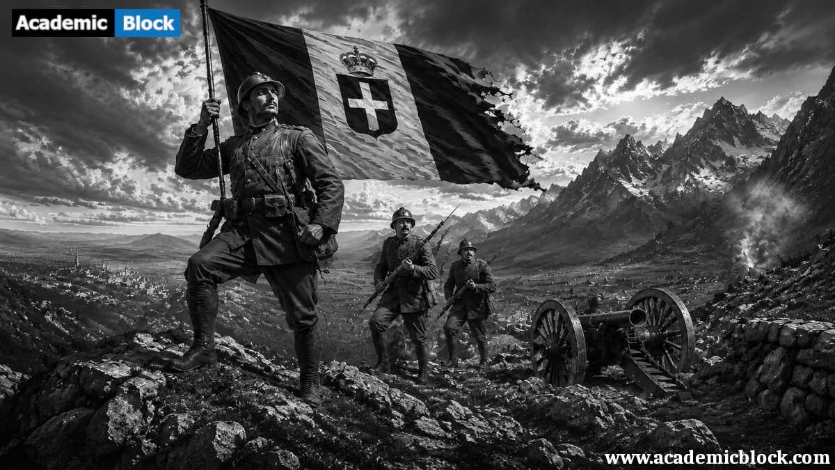 Italian soldiers raise the tricolor flag atop a mountain ridge, symbolizing Italy entering World War I in 1915.