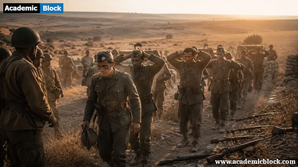 Italian troops surrendering in dusty 1943 countryside as Allied soldiers oversee the disarmament, capturing a tense, emotional moment of Italy’s surrender with exhausted soldiers under warm sunset light.