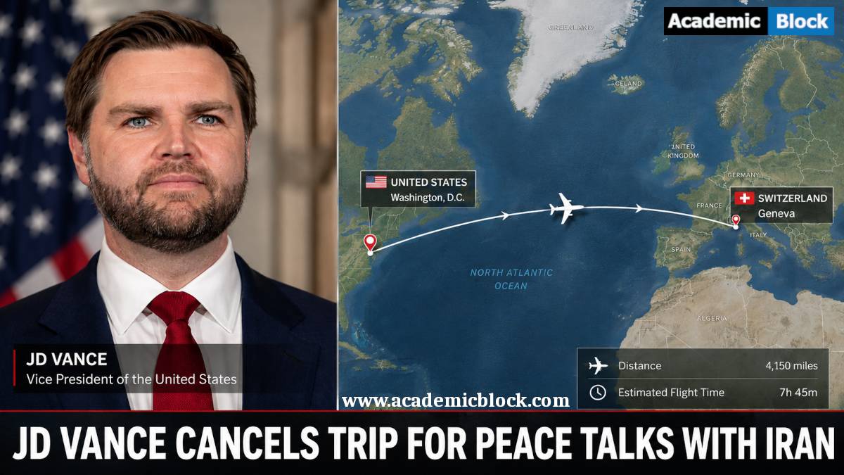 A split-screen news graphic showing JD Vance on the left and a flight map from the United States to Geneva on the right, with a bold headline about canceling the trip for peace talks with Iran.