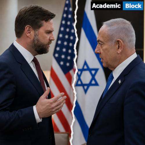 JD Vance and Benjamin Netanyahu face off across a jagged white divide, symbolizing growing tensions in U.S.-Israel relations.
