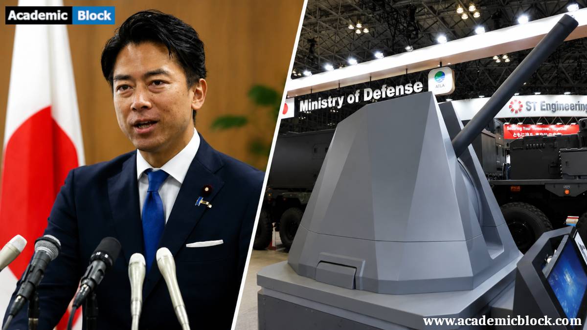 A split-scene composite showing Defence Minister Shinjiro Koizumi in press briefing alongside a modern defense exhibition display, illustrating Japan’s strengthened defense posture and expanding security capabilities.