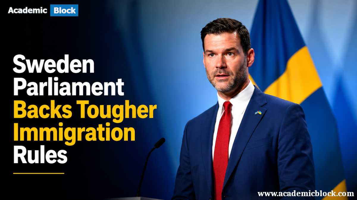 Johan Forssell (Minister of foreign trade) speaks at a podium in front of a Swedish flag as Sweden unveils tougher immigration measures.