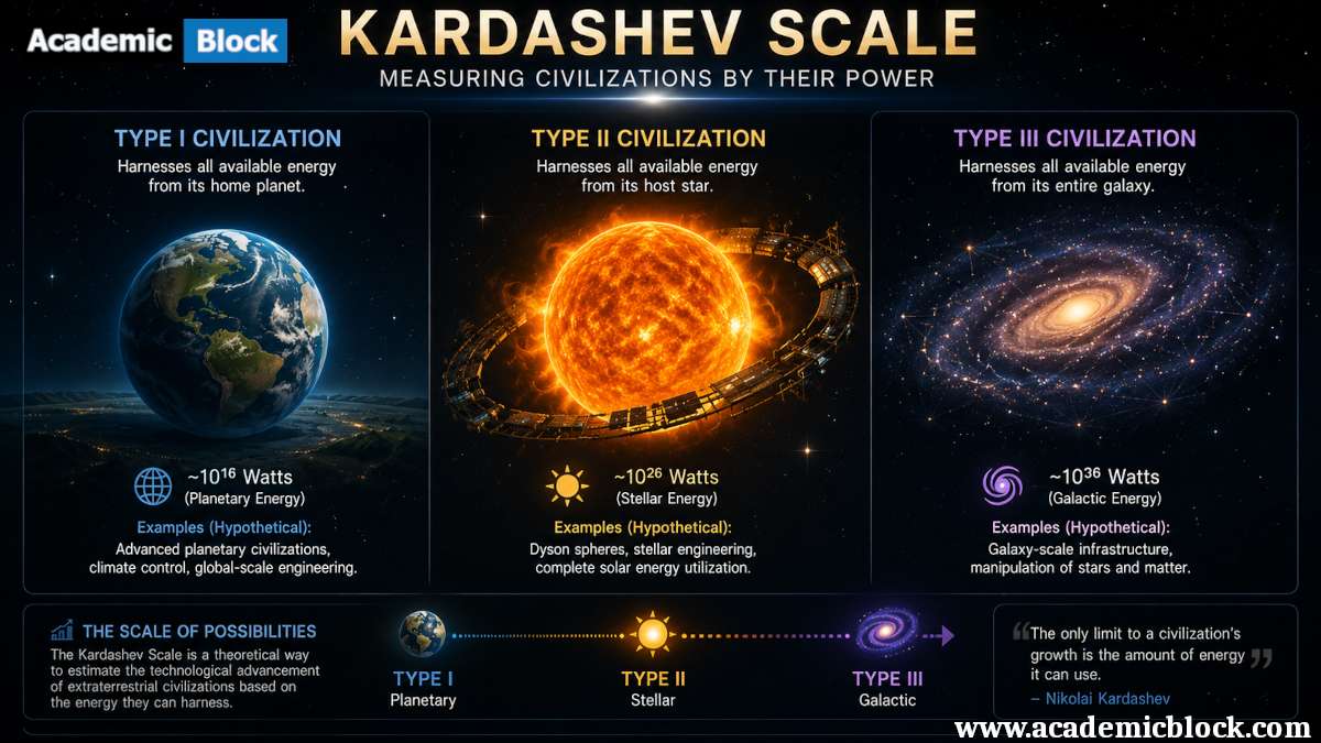 Infographic illustrating the Kardashev Scale, showing how civilizations progress from harnessing planetary energy to stellar and galactic power.
