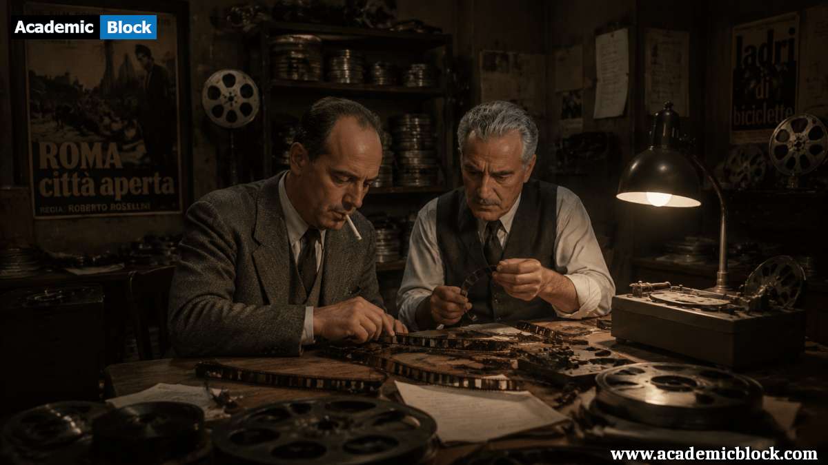 Roberto Rossellini and Vittorio De Sica working intensely on film strips, discussing cuts and narrative structure.