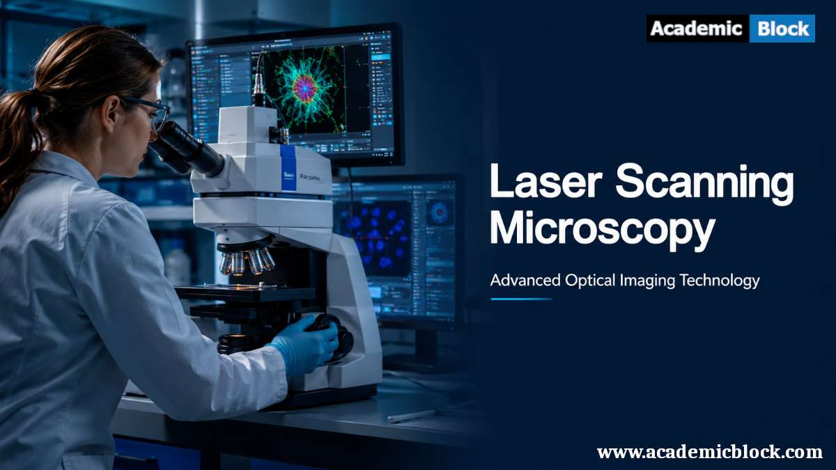 Scientist using a laser scanning microscope with fluorescent imaging in a modern laboratory.