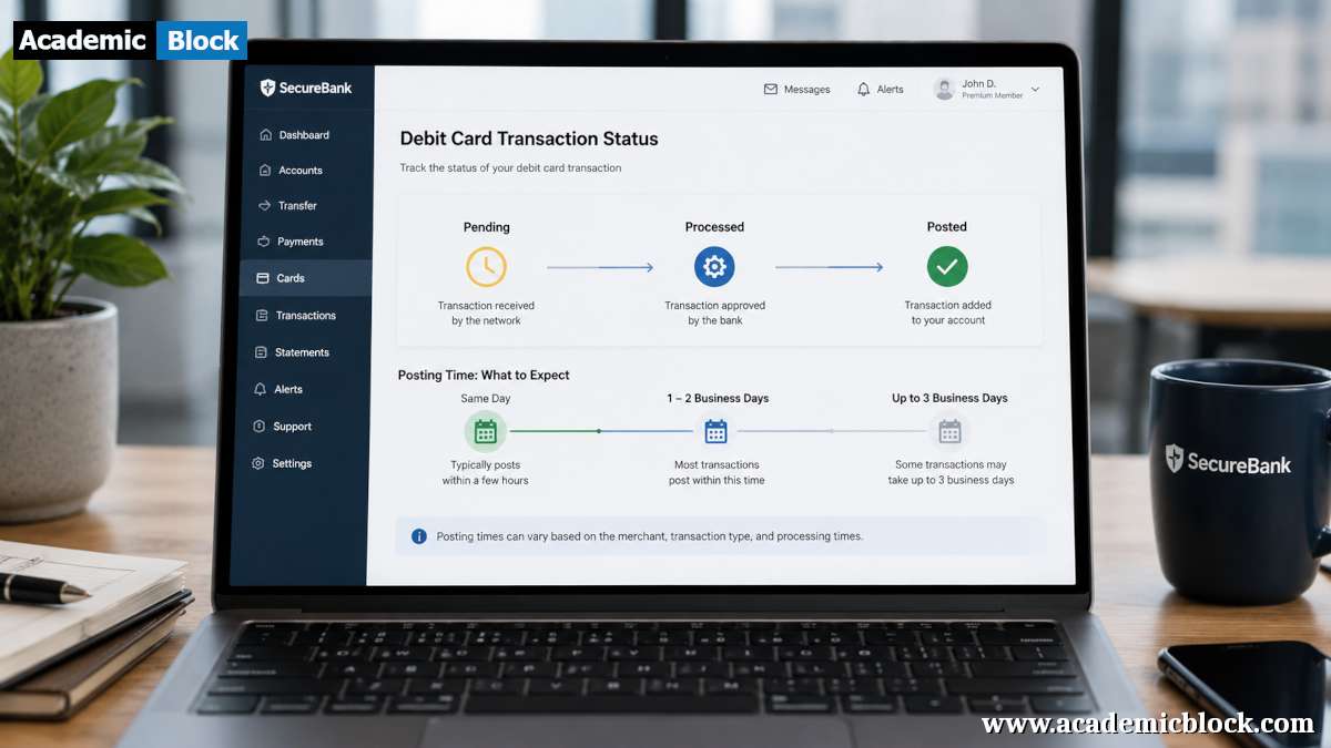 A realistic laptop on a desk displays a debit card transaction timeline from pending to posted, in a clean fintech office setting.