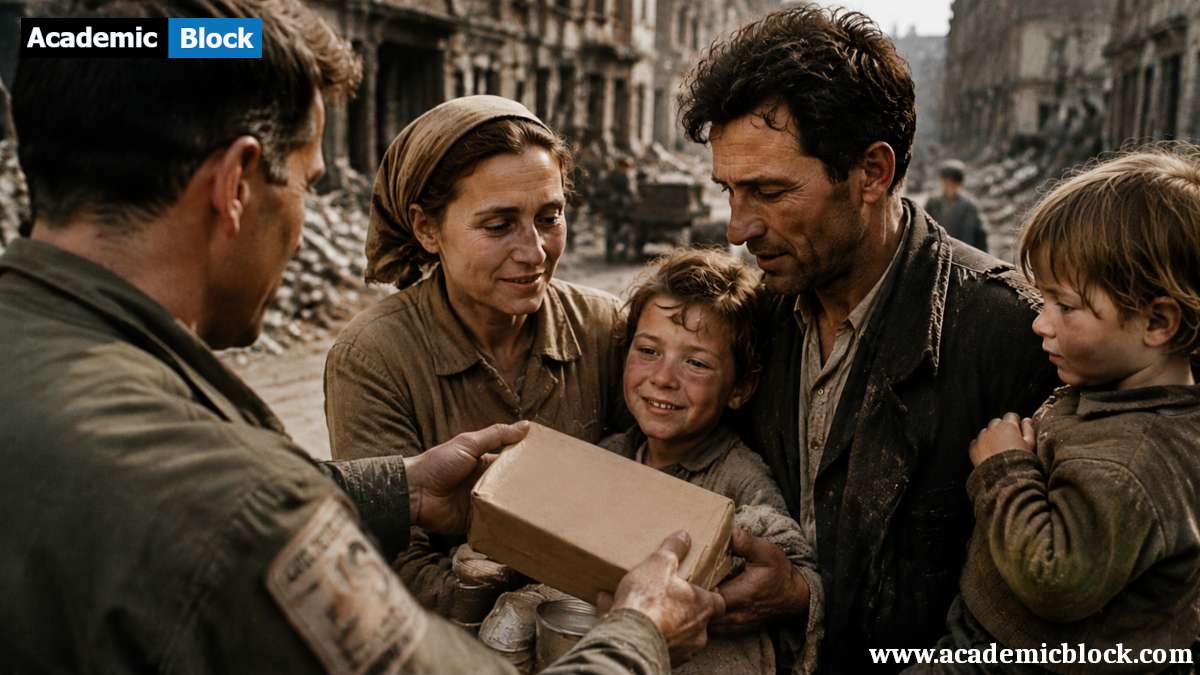 Image shows a war-torn European street where a relief worker hands an aid box to a weary family amid rubble and damaged buildings.