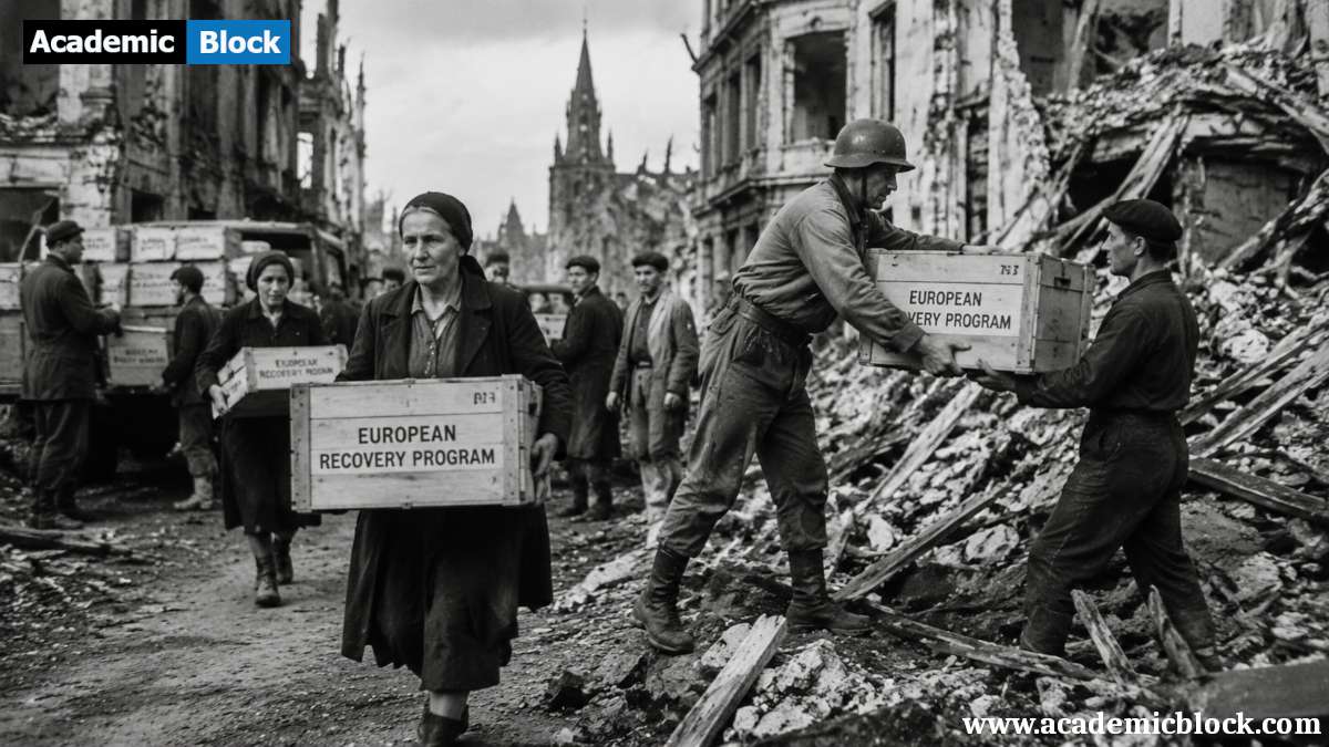 Marshall Plan reconstruction in a devastated European city, civilians carrying aid supplies.