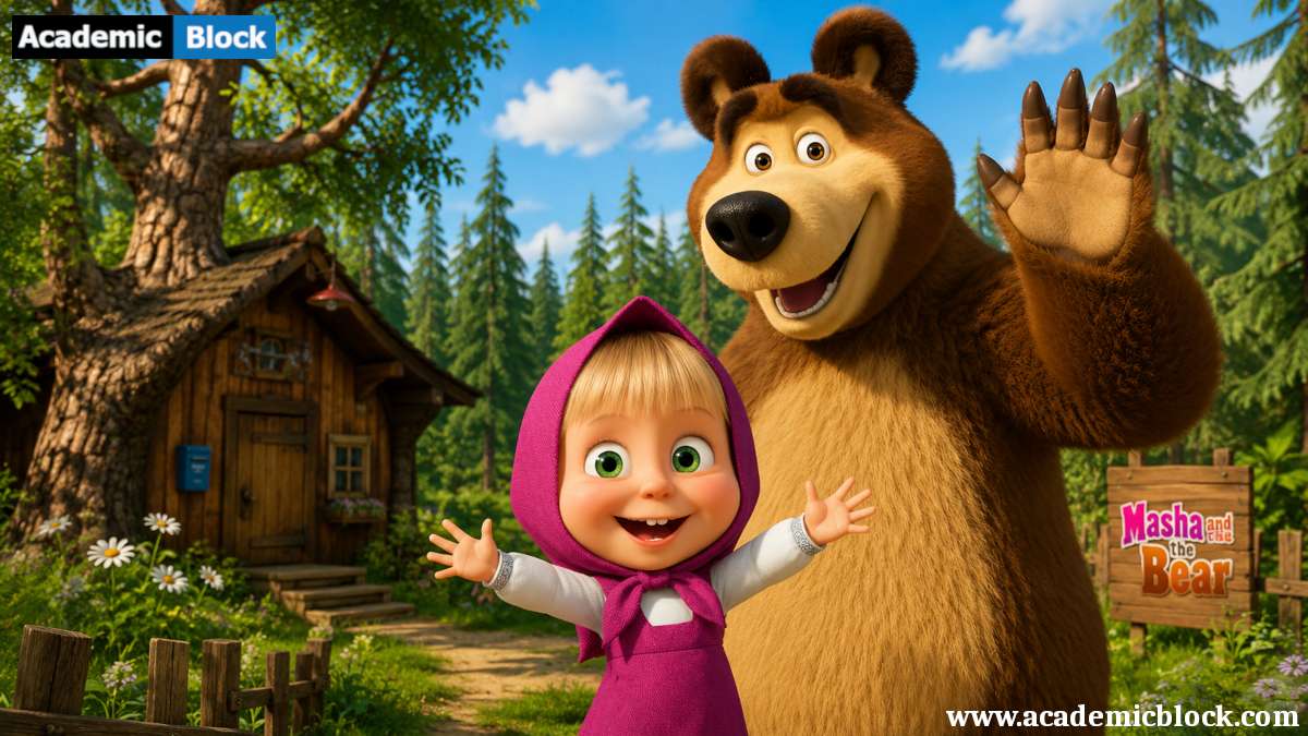 Image showing Masha and her friendly bear companion smiling outside a cozy woodland cabin.