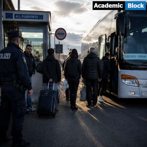 Image of a European border control checkpoint, with uniformed officers escorting migrants onto buses.