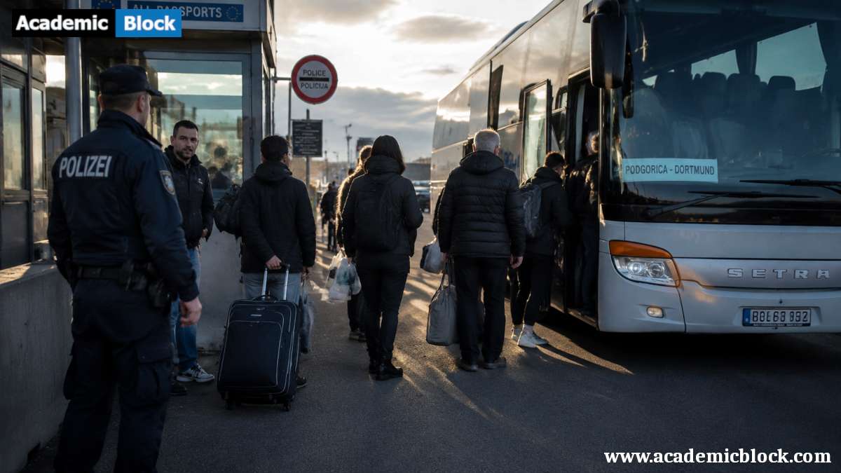 Image of a European border control checkpoint, with uniformed officers escorting migrants onto buses.