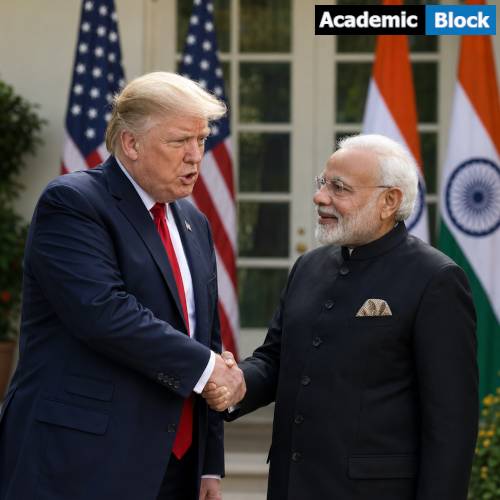 Donald Trump and Narendra Modi shake hands during a diplomatic meeting, with U.S. and Indian flags displayed in the background.