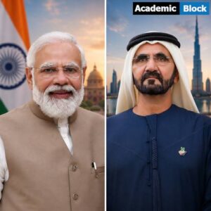Side by side portraits of Indian Prime Minister Narendra Modi and UAE President Sheikh Mohammed bin Rashid Al Maktoum.