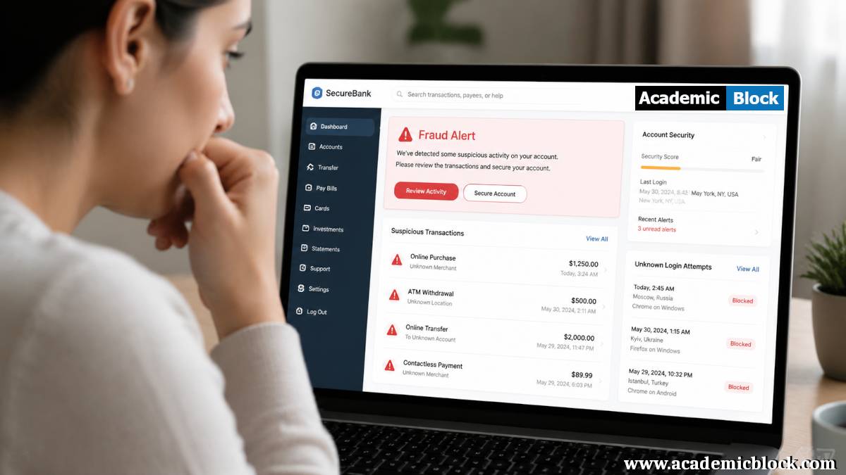 A woman looking worried while reviewing a laptop showing a banking dashboard with a fraud alert, suspicious transactions, and security warnings highlighted in red.