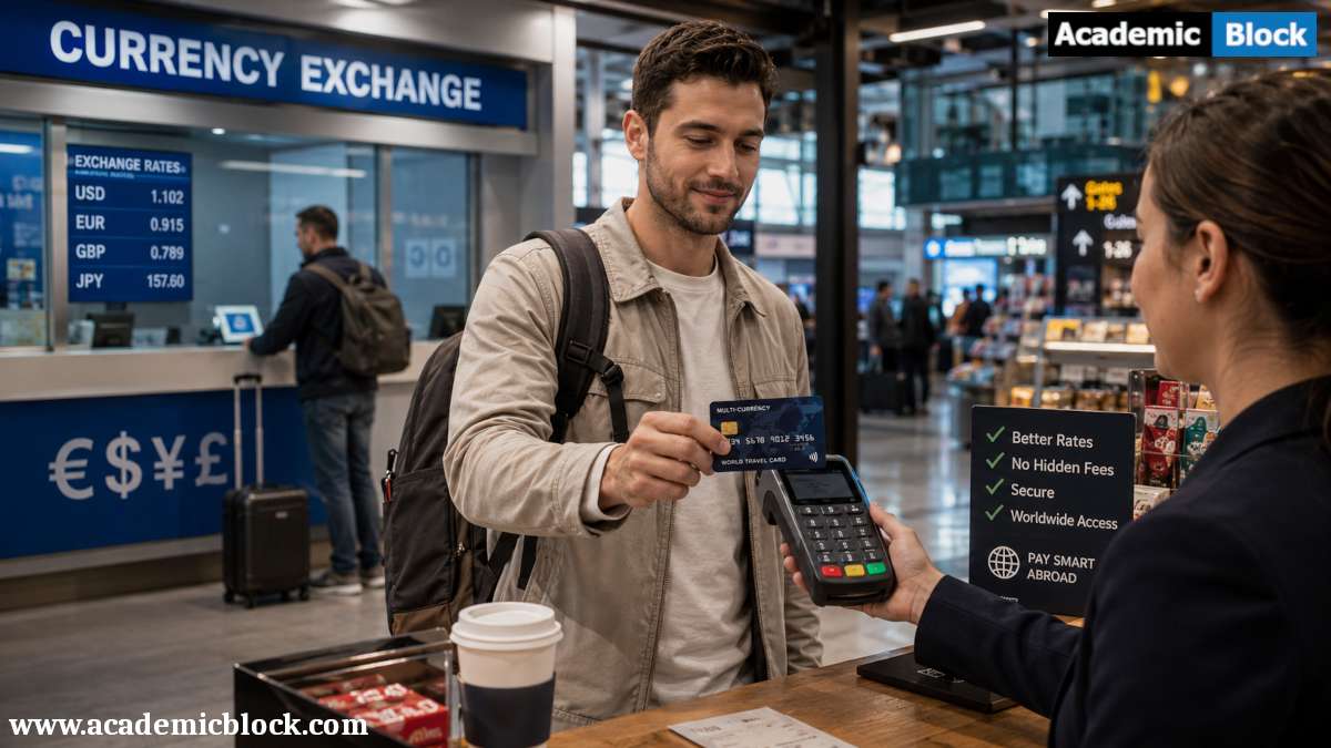 An international traveler uses a multi-currency card for payment at an airport terminal, avoiding cash exchange while traveling abroad.