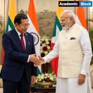 Indian Prime Minister Narendra Modi shakes hands with Myanmar President Min Aung Hlaing during a formal diplomatic meeting.