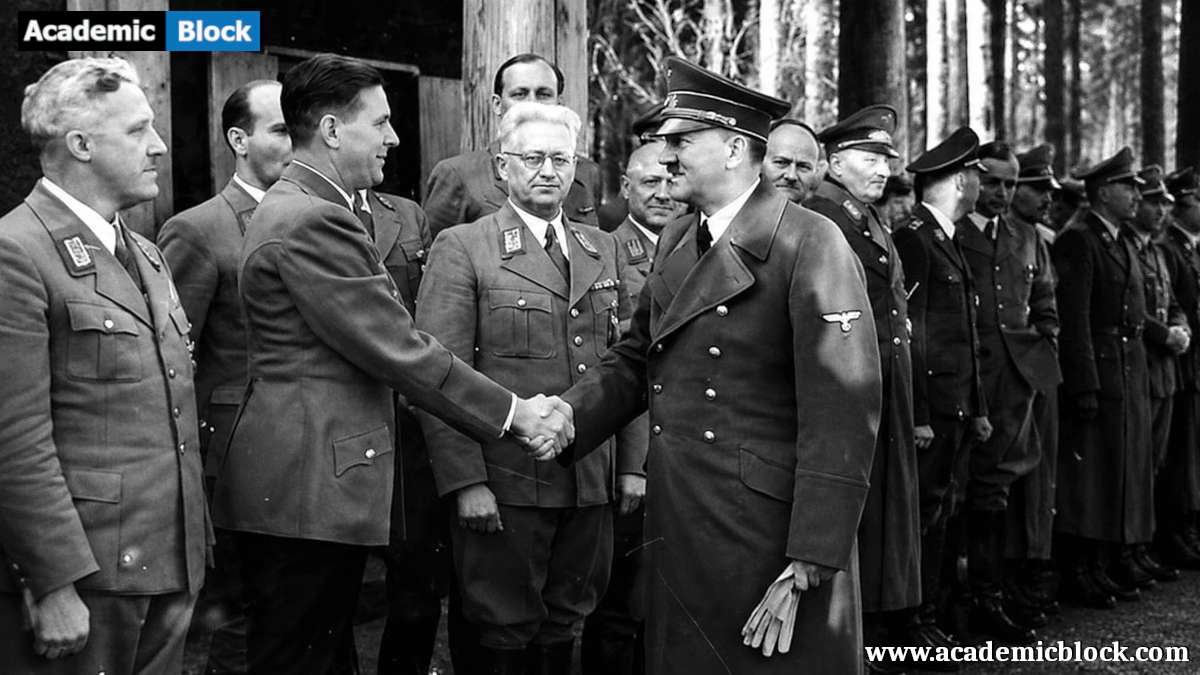 Black-and-white historical photo of Nazi-era German officials shaking hands during a formal diplomatic meeting.