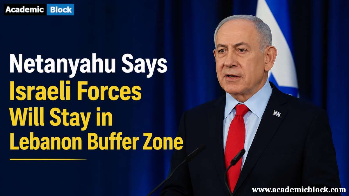 Netanyahu delivers a formal address from a podium, standing before a blue backdrop displaying the State of Israel Prime Minister’s Office emblem and text.