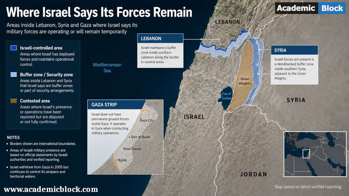 Map showing areas in Gaza, Lebanon, and Syria where Israel says its forces remain, with highlighted buffer zones, controlled areas, and contested regions.
