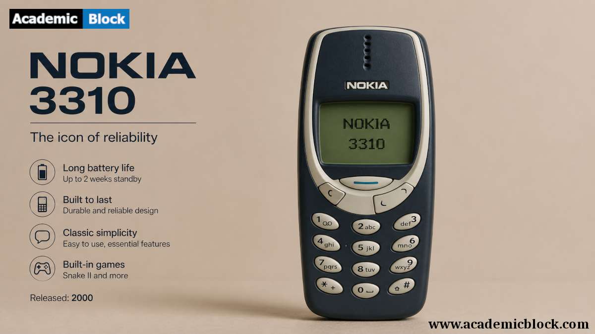 The image features the iconic Nokia 3310, known for its legendary durability, long battery life, and classic design, highlighting its monochrome display and user-friendly keypad.