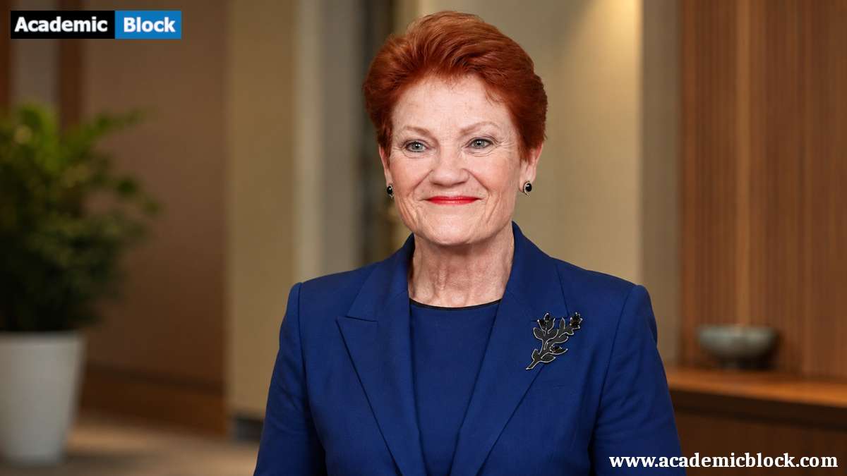 Pauline Hanson with short red hair wearing a blue suit and brooch, smiling confidently in a professional indoor setting.