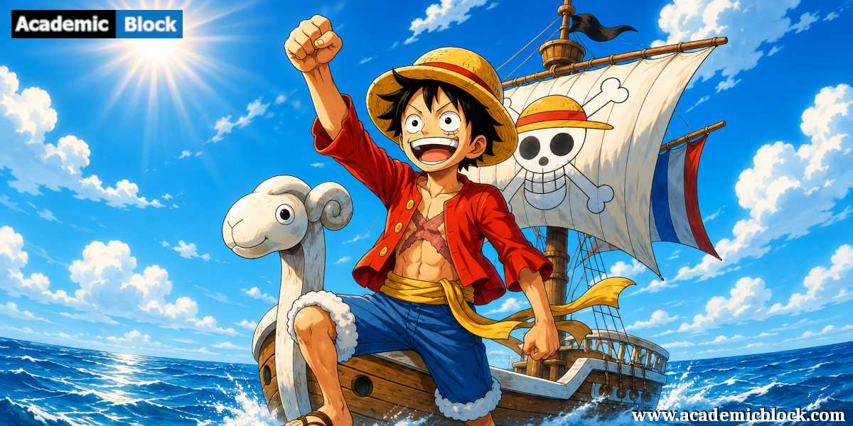 The image shows, Monkey D. Luffy stands triumphantly at the Going Merry’s bow, fist raised to the sun unwavering spirit from the anime One Piece.