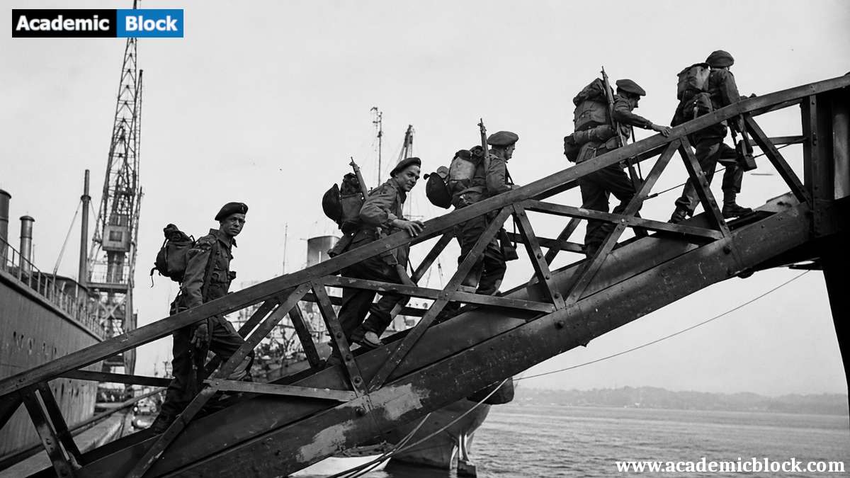 The image shows British troops board the SS Empire Lance at Southampton, preparing to cross the English Channel to France as part of Operation Overlord, the pivotal Allied invasion during World War II.