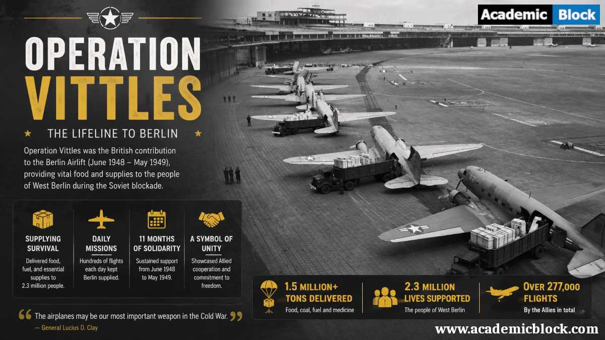 Infographic showcasing Operation Vittles during the Berlin Airlift, featuring cargo aircraft, bold title text, and key facts about the Allied mission to supply West Berlin.