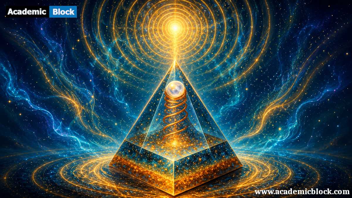 A glowing Orgone Energy pyramid with a crystal core, golden copper spiral, and radiant cosmic energy waves.