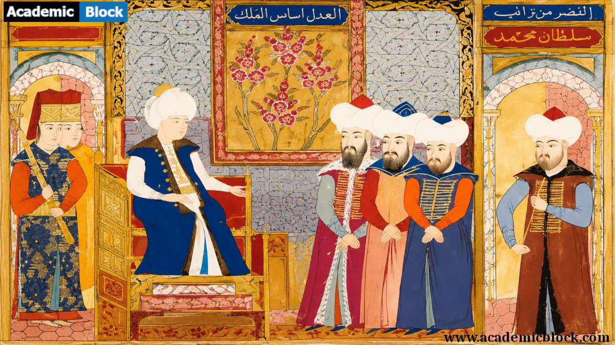 Ottoman miniature of a sultan seated on a throne with countries in a richly decorated palace.