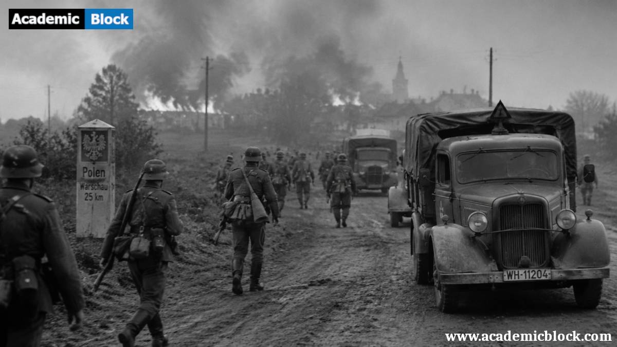 Black-and-white wartime scene showing infantry and military trucks advancing through a foggy countryside, with burning villages in the distance during the early stages of World War II in 1939.