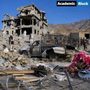 Image showing destroyed buildings, damaged vehicles, and civilians inspecting rubble in a conflict zone.